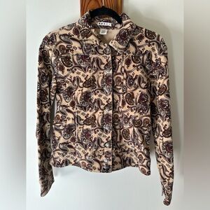 Vintage Cream Base Corduroy Jean Jacket with Maroon, Rust & Brown Paisleys Sz S